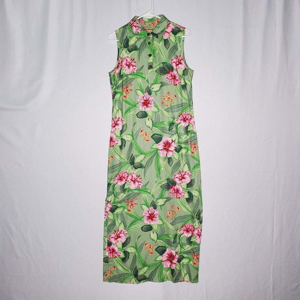 Caribbean Joe Tropical Maxi Button Front Shirt Dress Medium Sleeveless Green‎